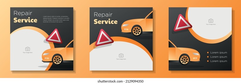 Car Repair Service Social Media Post, Banner Set, Vehicle Mechanic Advertisement Concept, Roadside Assistance Marketing Square Ad, Abstract Print, Isolated On Background.