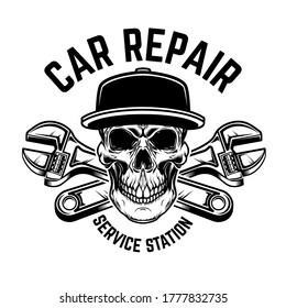 Car repair. Service station. Emblem template with skull and crossed wrenches. Design element for logo, emblem, sign, poster, card, banner. Vector illustration