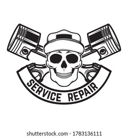 Car repair. Service station. Emblem template with skull and crossed pistons. Design element for logo, emblem, sign, poster, card, banner. Vector illustration