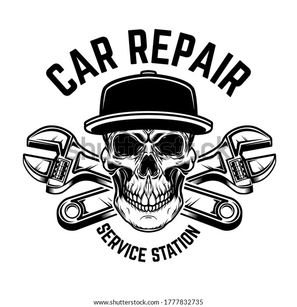 Car repair. Service station.\
Emblem template with skull and crossed wrenches. Design element for\
logo, emblem, sign, poster, card, banner. Vector\
illustration
