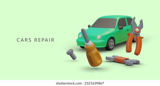 Car repair. Service station. Team of mechanics. Breakdown search, diagnostics, restoration work. Horizontal poster in cute cartoon style. Realistic illustration