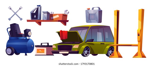 Car repair service stuff and automobile, auto maintenance equipment for mechanic garage, diagnostic center tools compressor, accumulator, lift and canister Vehicle workshop isolated cartoon vector set