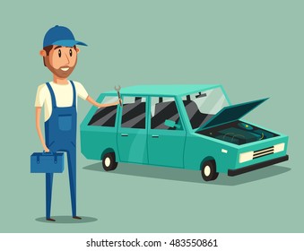 Car repair. Car service. Vector cartoon illustration. Mechanic repairs car in the garage. Broken car in auto repair shop. Funny mechanic. Professional worker.