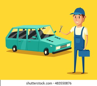 Car repair. Car service. Vector cartoon illustration. Mechanic repairs car in the garage. Broken car in auto repair shop. Funny mechanic. Professional worker.