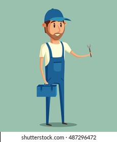 Car repair. Car service. Vector cartoon illustration. Mechanic repairs car in the garage. Auto repair shop. Funny mechanic. Professional worker.