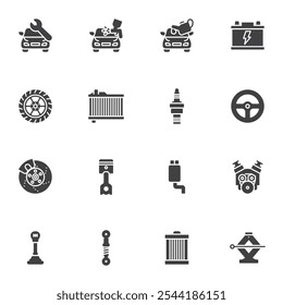 Car repair service vector icons set, modern solid symbol collection, filled style pictogram pack. Signs, logo illustration. Set includes icons as car battery, brake disc, automotive paint, ignition