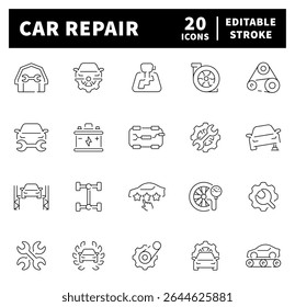 Car repair service vector icons. Car repair thin line icon collection. Car service, garage, repair, station, vehicle, service related icon set.