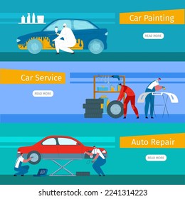 Car repair service, vector illustration. Man character work at cartoon garage, auto mechanic concept set. Automotive maintenance, automobile painting