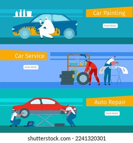 Car repair service, vector illustration. Man character work at cartoon garage, auto mechanic concept set. Automotive maintenance, automobile painting