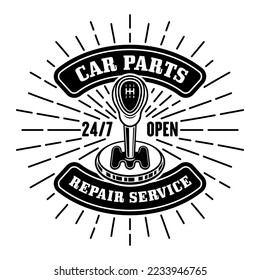 Car repair service vector vintage emblem, logo, label, badge with car transmission, gear lever stick isolated on white background