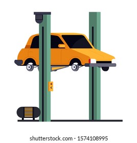 Car repair service, vehicle on lift, automechanic garage station isolated icon vector. Repairment shop, lifted auto diagnostics, mechanic equipment. Repairing and maintenance automobile in workshop