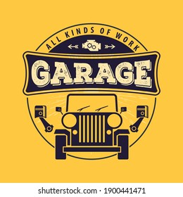 Car repair service, vintage Logo design concept with off road retro car. Vector illustration	