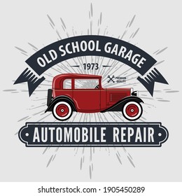 Car repair service, vintage Logo design concept with classic retro car. Vector illustration