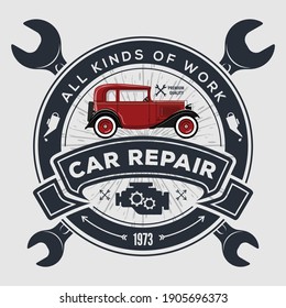 Car repair service, vintage Logo design concept with classic retro car. Vector illustration