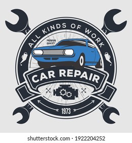 Car repair service, vintage Logo design concept with classic car. 