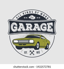 Car repair service, vintage Logo design concept with classic retro car. Vector illustration