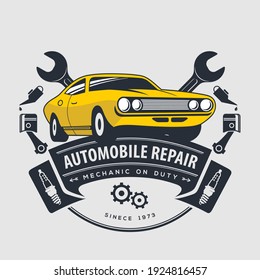 Car repair service, vintage Logo design concept with classic car. Vector illustration