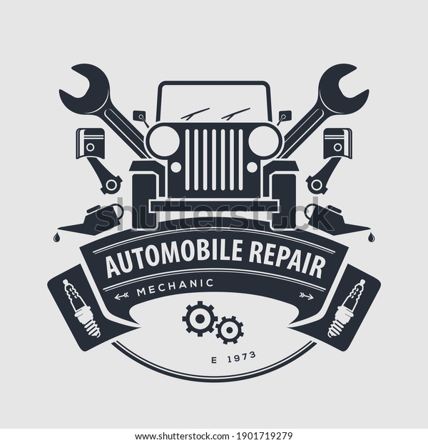 Car repair service, vintage Logo\
design concept with classic retro car. Vector\
illustration