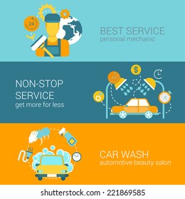 Car repair service and wash flat style modern design vector illustration web infographics banner template icon set collection. Mechanic non-stop full service car wash.