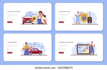 Car repair service web banner or landing page set. Automobile multimedia systems got fixed. Mechanic check a vehicle multimedia and security equipment repair it. Flat vector illustration.