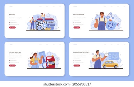 Car repair service web banner or landing page set. Automobile engine got fixed in car workshop. Car workshop mechanic in uniform check a vehicles motor and repair it. Flat vector illustration.
