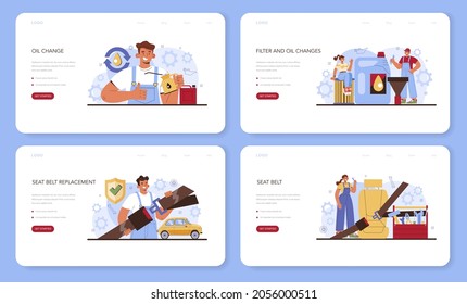 Car repair service web banner or landing page set. Automobile components got fixed in car workshop. Mechanic check a vehicles seat belt, oil and filter and replaice it. Flat vector illustration.