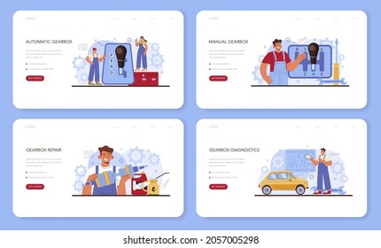 Car repair service web banner or landing page set. Automobile gearbox got fixed in car workshop. Mechanic in uniform check a vehicles automatic or manual gearbox. Flat vector illustration.