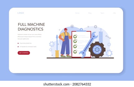Car repair service web banner or landing page. Automobile got fixed in car workshop. Mechanic in uniform check a vehicle and repair it. Car full diagnostics. Flat vector illustration.