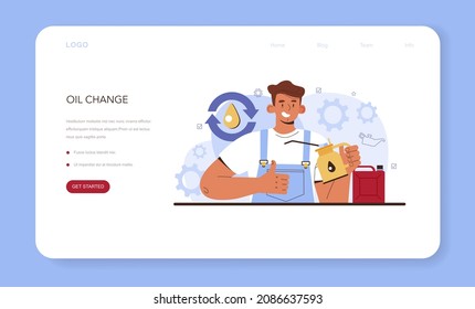 Car repair service web banner or landing page. Automobile components got fixed in car workshop. Mechanic in uniform check a vehiclesoil and filter and replaice it. Flat vector illustration.