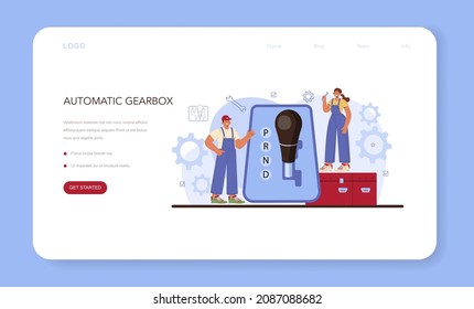 Car repair service web banner or landing page. Automobile gearbox got fixed in car workshop. Mechanic in uniform check a vehicles automatic or manual gearbox. Flat vector illustration.