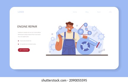 Car repair service web banner or landing page. Automobile engine got fixed in car workshop. Car workshop mechanic in uniform check a vehicles motor and repair it. Flat vector illustration.