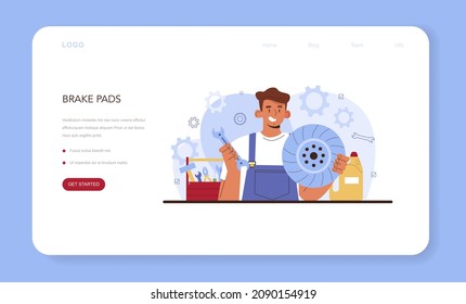 Car repair service web banner or landing page. Automobile's brake pads got fixed in car workshop. Mechanic check a vehicle's braking system. Car full diagnostics. Flat vector illustration.