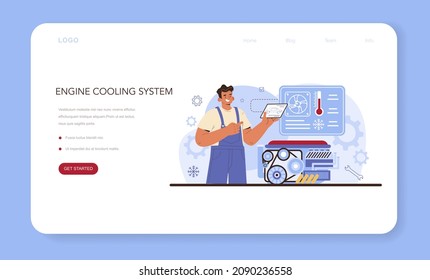 Car repair service web banner or landing page. Automobile cooling system got fixed in car workshop. Mechanic in uniform check an automotive cooling equipment. Flat vector illustration.