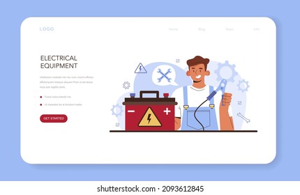 Car repair service web banner or landing page. Automobile electrical components got fixed in car workshop. Mechanic in uniform check an electrical equipment. Flat vector illustration.