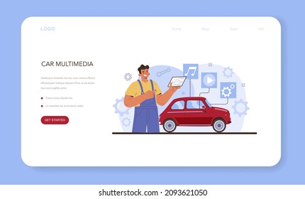 Car repair service web banner or landing page. Automobile multimedia systems got fixed in car workshop. Mechanic in uniform check a vehicle multimedia equipment repair it. Flat vector illustration.