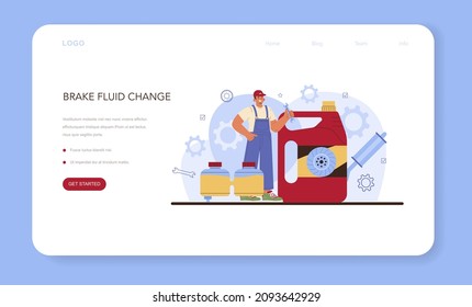 Car repair service web banner or landing page. Automobile's brake fluid got changed in car workshop. Mechanic check a braking system and repair it. Car full diagnostics. Flat vector illustration.