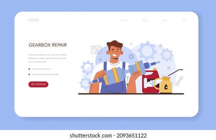 Car repair service web banner or landing page. Automobile gearbox got fixed in car workshop. Mechanic in uniform check a vehicles automatic or manual gearbox. Flat vector illustration.