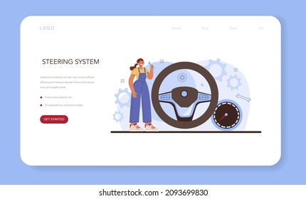 Car repair service web banner or landing page. Automobile components got fixed in car workshop. Mechanic in uniform check a vehicles steering system and repair it. Flat vector illustration.