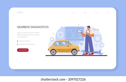 Car repair service web banner or landing page. Automobile gearbox got fixed in car workshop. Mechanic in uniform check a vehicles automatic or manual gearbox. Flat vector illustration.