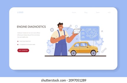 Car repair service web banner or landing page. Automobile engine got fixed in car workshop. Car workshop mechanic in uniform check a vehicles motor and repair it. Flat vector illustration.