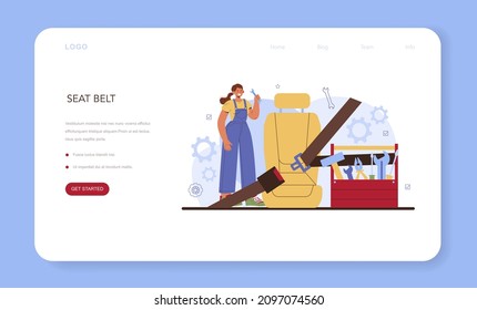 Car repair service web banner or landing page. Automobile components got fixed in car workshop. Mechanic in uniform check a vehicles seat belt and replaice it. Flat vector illustration.