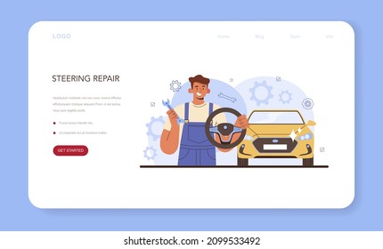 Car repair service web banner or landing page. Automobile components got fixed in car workshop. Mechanic in uniform check a vehicles steering system and repair it. Flat vector illustration.