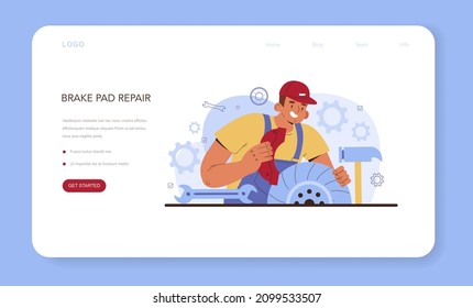 Car repair service web banner or landing page. Automobile's brake pads got fixed in car workshop. Mechanic check a vehicle's braking system. Car full diagnostics. Flat vector illustration.