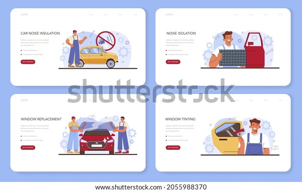 Car repair service web banner or landing
page set. Automobile sound insulation and window instalation.
Mechanic check a vehicle noise isolation and tint the windows. Flat
vector illustration.