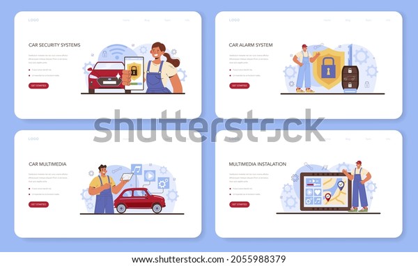 Car repair service web banner or landing\
page set. Automobile multimedia systems got fixed. Mechanic check a\
vehicle multimedia and security equipment repair it. Flat vector\
illustration.