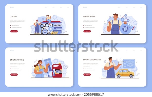 Car repair service web banner or landing\
page set. Automobile engine got fixed in car workshop. Car workshop\
mechanic in uniform check a vehicles motor and repair it. Flat\
vector illustration.