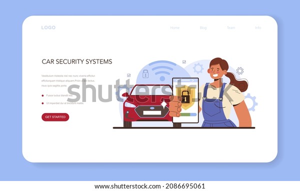 Car repair service web banner or landing\
page. Automobile security systems got fixed in car workshop.\
Mechanic in uniform check a vehicle security equipment repair it.\
Flat vector illustration.
