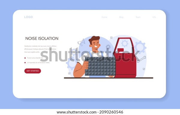 Car repair service web banner or landing\
page. Automobile sound insulation instalation in car workshop.\
Mechanic in uniform check a vehicle noise isolation system. Flat\
vector illustration.