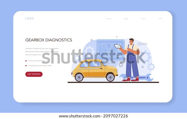 Car repair service web banner or landing\
page. Automobile gearbox got fixed in car workshop. Mechanic in\
uniform check a vehicles automatic or manual gearbox. Flat vector\
illustration.