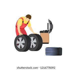 Car repair service. Wheels and tyre fitting, mechanic working in automobile workshop isolated. Repairman balancing or changing auto spare parts, vector